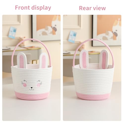 Easter Baskets for Easter Egg with Handle Woven Empty Hunt Boys' Lovely Bunny Rabbit Colorful Woven Basket First Easter Gifts for Boys, Babies, Kids, and Children (Pink) - color: Pink