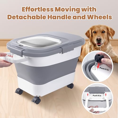 15-23Lbs Airtight Dog Food Storage Container,Collapsible Dog Food Container | Cat Food Container with Double Airtight Seal & Magnetic Lid,Large Pet Food Storage Container Wheels & Handle for Easy Moving - color: Grey/23 LBS