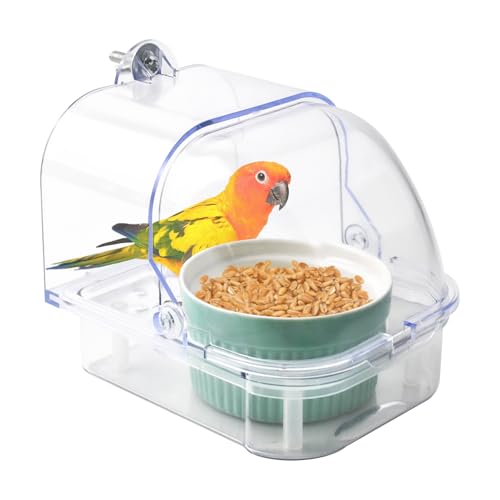 Bird Cage Feeder with Ceramic Bowl,2 in 1 No Mess Bird Feeder and Transparent Parakeet Bathtub with Bottom Drawer Hanging Tube Shower Box for Birds Budgies Parakeet Small Parrot Cockatiels - color: 【Transparent】
