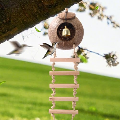 Briwooody Coconut Shell Bird Nest House Breeding Bed Nestingand Anti-pecking Bite with Natural Coir Fiber Bird Nest Toy Bell for Parrot Budgie Parakeet Cockatiel Conure Lovebird Canary Finch (Stylish) - style: Stylish