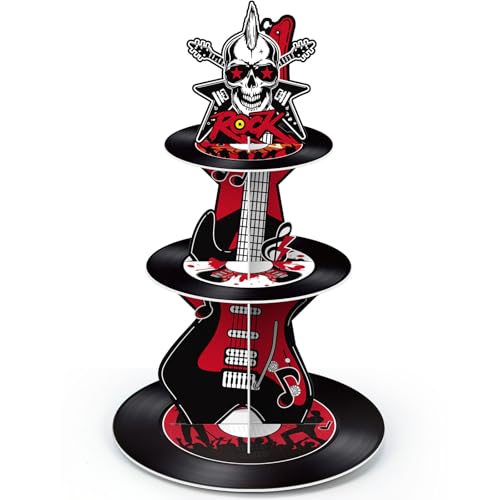 3 Tier Rock and Roll Music Party Decoration Cupcake Stand Music Guitar Cupcake Tower Rock and Roll Cake Holder Retro 1950's Dessert Tower for 50s Retro Hip Hop Birthday Party Supplies - style: Rock