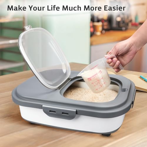 Rice Storage Containers, Collapsible 20 to 30Lbs Food Storage Bin Dispenser with Rolling Wheel and Clear Airtight Lid, BPA Free Flour, Sugar, Cereal and Dog Cat Pet food Containers - color: White
