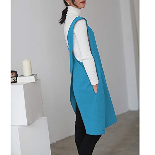 Cotton Linen Japanese Apron Halter Cross Back Bandage X Shape Aprons Two Pockets - color: Sky Blue
