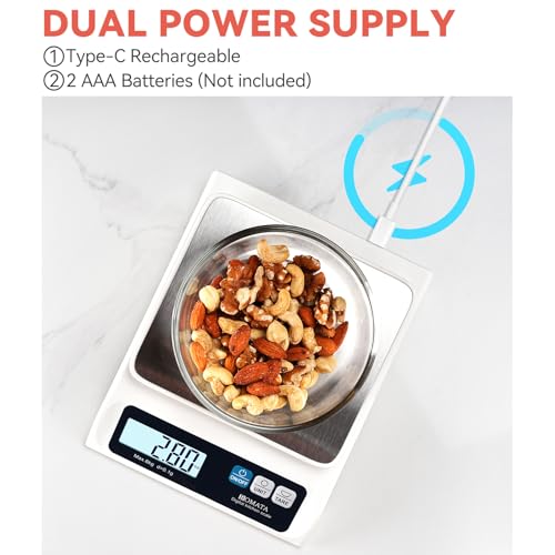 BOMATA 0.1g High Precision Digital Kitchen Food Scale, 13lb Gram Scale | USB Rechargeable, Removable Pan, Stainless Steel Pan, Backlit LCD Display, for Cooking, Baking B621 White - color: White Rechargeable