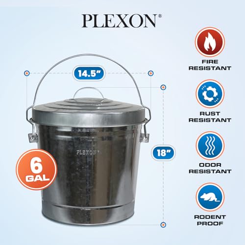 Plexon 6 Gallon Small Metal Trash Can with Lid Outdoor Locking Galvanized Metal Garbage Can with Lid for Poultry Feed Bird Seed Storage Ash Galvanized Bucket - size: 6-Gallon