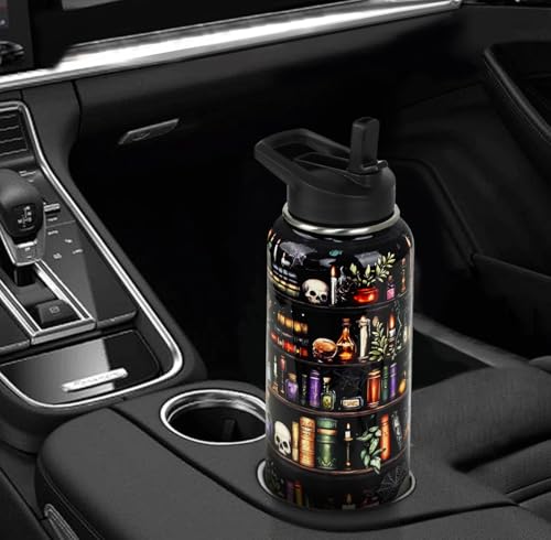Bookshelf Water Bottle with Straws Halloween Skull Goth Insulated Bottles Travel Thermal Double Walled Vacuum Cup Leak Proof Tumbler Gifts for Readers,Reading,Bookish,Librarian-32 oz - color: black books