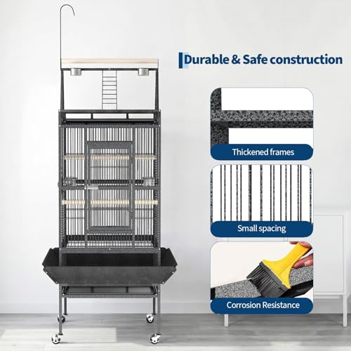 Extra Large 82" Parrot Cage with Play Top – Heavy Duty Wrought Iron Aviary, Rolling Stand, Secure Lock, Easy-Clean Removable Tray, Rope Perch – Spacious Bird Enclosure for Large Birds