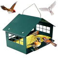 All-Metal Platform Bird Feeder, Dark Green Hanging Feeder | Double-Sided Long Perches, Stainless Steel Mesh Tray, Extended Roof Eaves and Rust-Resistant Finish for Small Birds