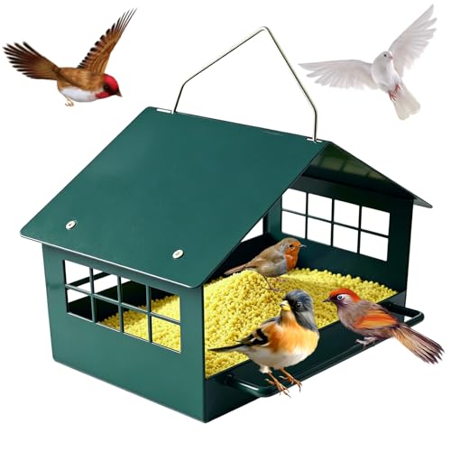 All-Metal Platform Bird Feeder, Dark Green Hanging Feeder | Double-Sided Long Perches, Stainless Steel Mesh Tray, Extended Roof Eaves and Rust-Resistant Finish for Small Birds