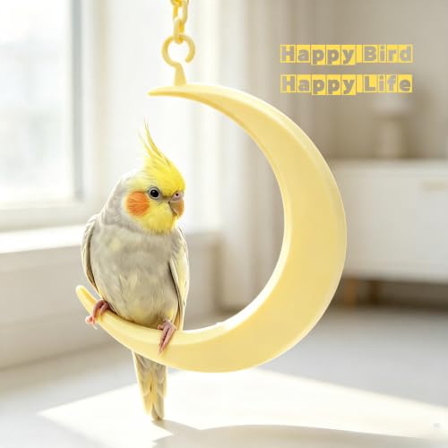 Hanging Moon Bird-Swing Perch, Parakeet Swing Toys with Chain, Grinding Claw Beak Cage Accessory for Small Parrots - color: Yellow Moon