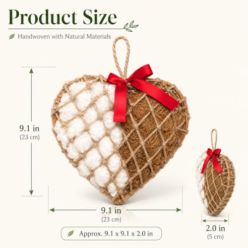 Bird Nesting Material Holder, Hanging Nesting Material Dispenser, Bird Nest Builder with Natural Cotton & Coconut Fiber, Heart Shaped Rattan Holder for Bluebirds, Chickadees, Finches
