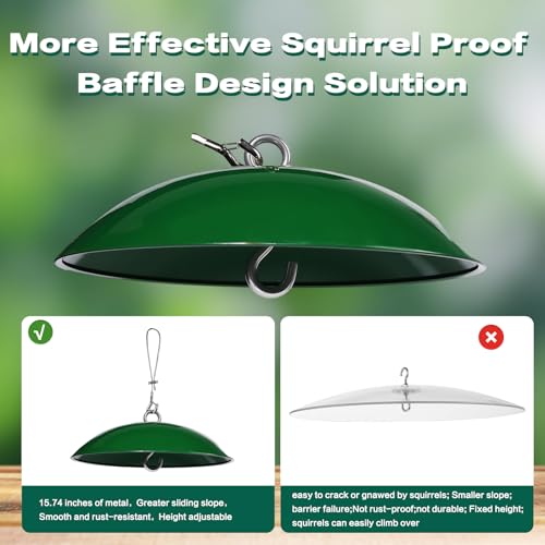 Squirrel Baffle for Bird Feeders,15.7-inch Metal Dome,Squirrel Proof, Weather Shield, with Suspension Wire Rope and Snap Hook for Bird Feeder Pole, Shepherd's Hook,Trees,1 Pack(Green)