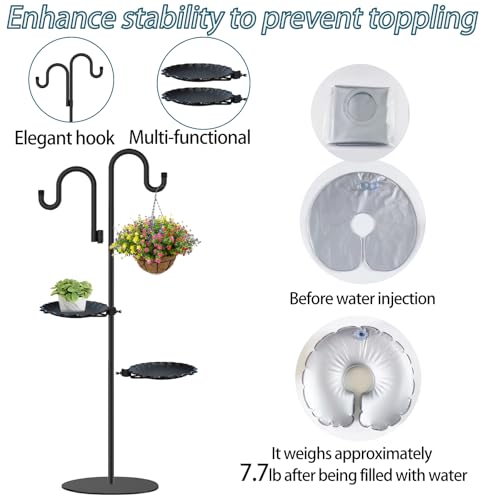 Upgraded 74" Shepherd's Hook Stand plant，Bird Feeder，Wind Chime Hanger Stand, Waterproof Metal & Adjustable-Height Standing Pole Holder for Lantern and Wreath, Indoor & Outdoor（2 Placement Racks)