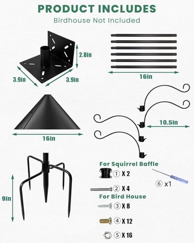 Bird Feeder Pole, 108-Inch Adjustable Squirrel Proof Bird Feeder Pole (Black) with 4 Sheep Hooks. for Outdoor Use (House Not Included)