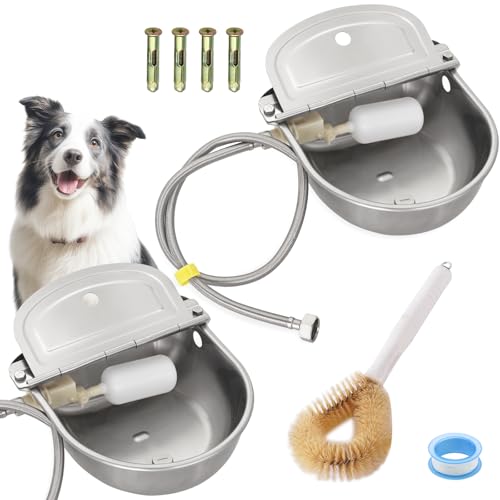 2-Pack Automatic Livestock Waterer, 304 Stainless Steel Auto Fill with Float Valve, Drainage Hole & Baffle, with 39" Hose (3/4"), Wall/Floor Mount, for Dogs, Chickens, Horses, Goats, Pigs
