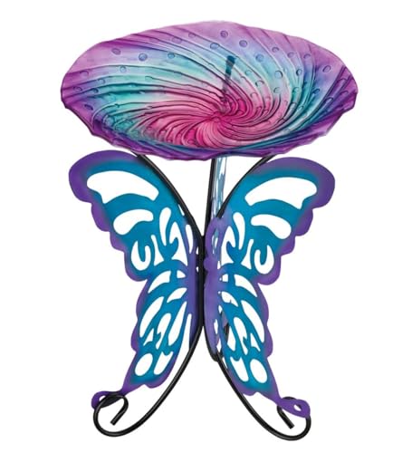 Regal Art & Gift Glass Bird Bath with Metal Stand, Outdoor Garden Decor | Butterfly, 18 in Bowl, 25 in Tall, Metal & Glass, Easy to Fill, Weather-Resistant Decor for Patio, Porch & Garden - color: Butterfly