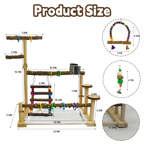 kathson Parrot Play Stand Parakeet Playground Bird Jungle Gym Wood Conure Playstand Hanging Chewing Toys with Swings and Feeder Cups Bird Cage Accessories for Cockatiel Lovebirds Budgie