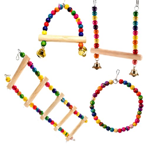 4 Piece Bird Ladder, Budgie Toys for Small to Medium Birds, Parakeet Cage Accessories Set, Natural Wood Bird Climbing Toys for Cage Environment Enrichment and Physical Activity
