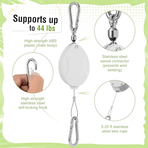 Plant Pulleys for Hanging Plants, Heavy Duty Retractable Hangers, 304 Stainless Steel Rope, Auto Plant Holder, Adjustable Climbing Hook for Garden Baskets Watering, or Bird Feeders 2PC (White) - color: White