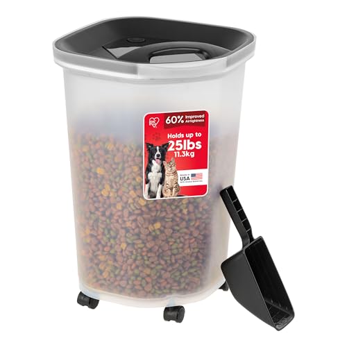 IRIS USA Dog Food Storage Container, Up to 25 lbs, Black, Made in USA | Includes 2-Cup Scoop & Wheels, Airtight Seal, BPA-Free, Bird Seed, Cat food, Chicken Feed, Treats, Keeps Kibble Fresh - color: Black, size: 25 lbs