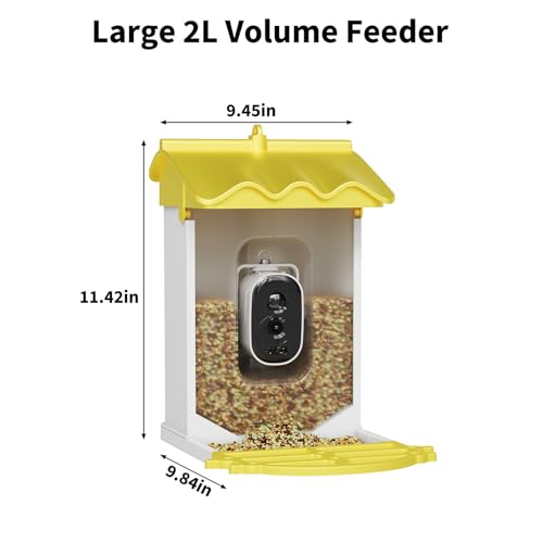 GarveeLife Smart Bird Feeder with 2K Camera & AI Recognition,Solar Powered | 2L Capacity, Night Vision, App Alerts, Auto Capture Photos/Videos for Bird Watching - color: Yelllow