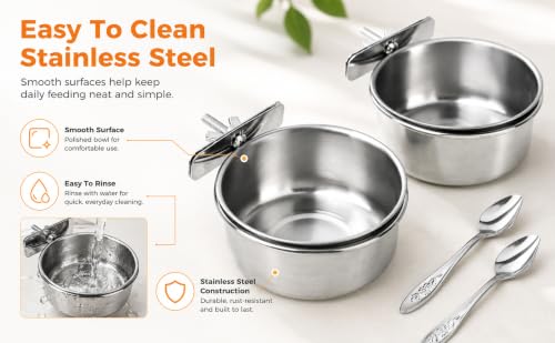 2 Pack Stainless Steel Bird Feeding Bowls, Parrot Food Water Dishes with Clamp Holder, Bird Feeding Cups for Cockatiel Budgie Parakeet Conure and Small Animals, 2 Feeding Spoons Included