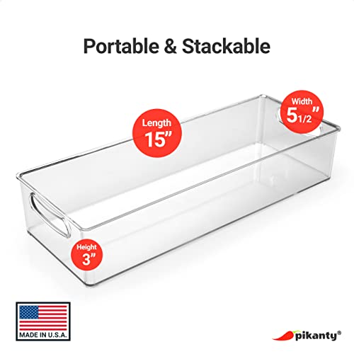 Pikanty Clear Refrigerator Organizer Bin with Handles — 15 Inch Stackable Fridge and Pantry Storage Container for Snacks, Produce, Cans, Yogurt, Condiments, Dishwasher and Freezer Safe, Made in USA - style: Organizer Bin Large