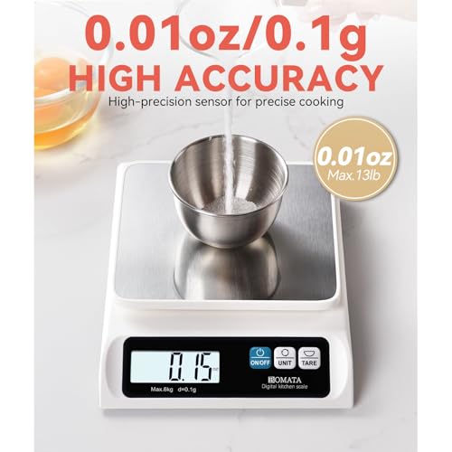 BOMATA 0.1g High Precision Digital Kitchen Food Scale, 13lb Gram Scale | Removable Pan, Stainless Steel Pan, Backlit LCD Display, Digital Scale for Cooking, Baking B621 White - color: White Non-rechargeable