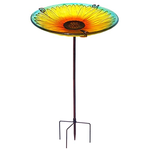 Glass Bird Bath for Outside, Standing Birdbath Yard Decor-Sunflower Yellow | Bird Bath, Sunflower Glass Birdbath Bowl Detachable, Bird Feeders with Metal Stake for Outdoors Garden Decor - color: Standing Sunflower Yellow