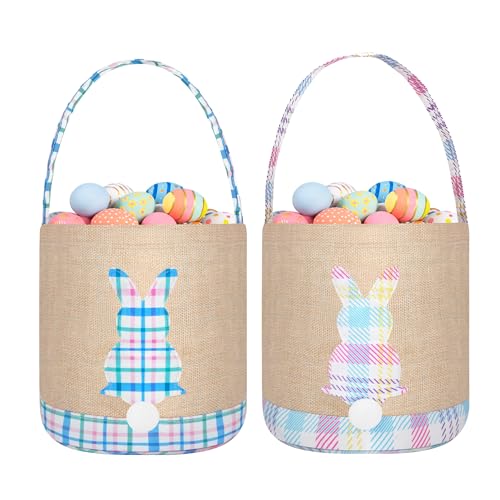 Easter Bunny Basket Canvas Easter Egg Hunts Decorations Storage Reusable Grocery Candy Bag Gifts - style: Blue+pink