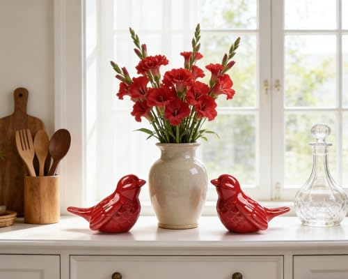 Set of 2 Ceramic Red Bird Figurines, 3.75 Inch Modern Bird Statues Home Decor, Cute Small Knick Knacks for Shelf, Office, Living Room, Bathroom, Kitchen, Housewarming Gift - color: Red
