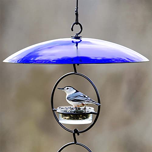 Yellow Recycled Glass Bird Feeder Dome, Hanging Weather Shield with Dual Hooks, Durable Outdoor Protection for Backyard Feeders, Cobalt Blue