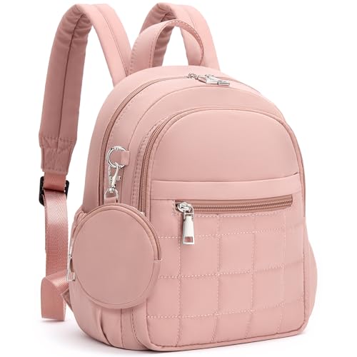 Mini Backpack for Women, Anti Theft RFID Small Travel Backpack | Compact Backpack with Built-in RFID Wallet(5 Slots) & Coin Purse, 10-Pocket Fits 11" Tablet, Puffer Nylon, Daily & Work - color: Pink