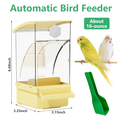 Hamiledyi Automatic Bird Feeder No Mess Bird Cage Feeder Transparent Acrylic Parrot Seed Food Container with Perch Cage Accessories for Parakeet Finch Lovebirds Budgies Canary (Yellow) - color: Yellow Transparent