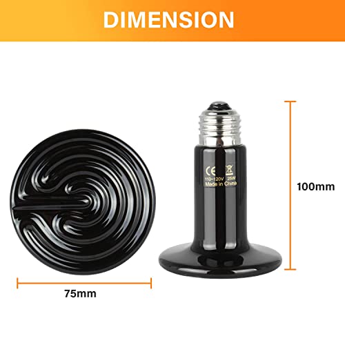 Simple Deluxe 25W Ceramic Heat Lamp, Reptile Heat Bulb Emitter, No Light Emitting Brooder Coop Heater for Amphibian Pet & Incubating Chicken, Black, 2 Pack - size: 25 Watts