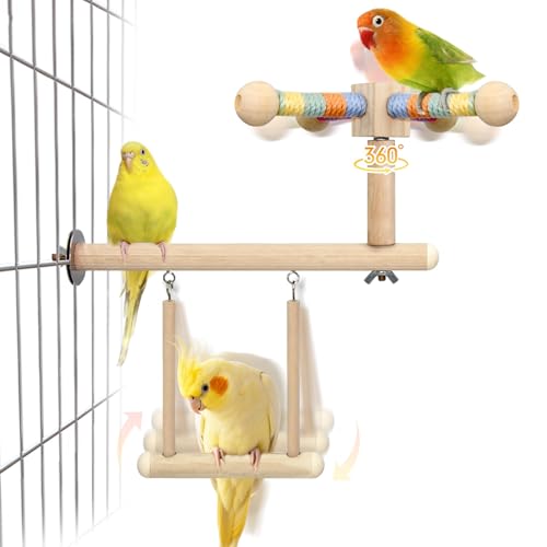 Bird Spinning Perch & Swing Toy Combo, Multi-Functional Parrot Toy | Bird Toys for Parrots with 360° Spin Function, Hanging Parakeet Swing Cage Toys, Wooden Activity Gym for Cockatiel Lovebird