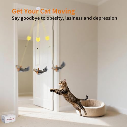 8 Pcs Hanging Cat Teaser Toys, Bird & Mouse Toys with Bird Chirp & Catnip, Bell Feather Toys, Drill-Free Wall Mount for Indoor Kittens and Adult Cats