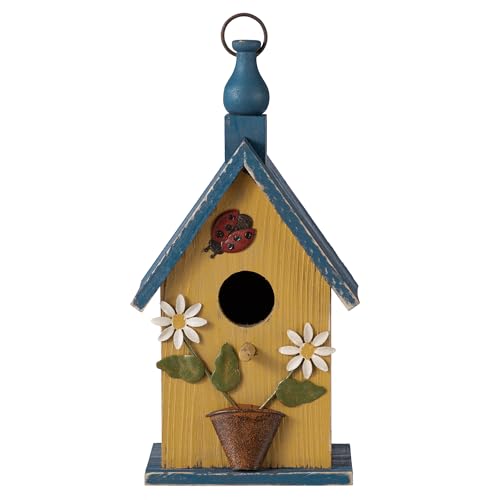 Glitzhome Birdhouses for Outdoors, Hanging Bird Houses for Outside, 12.25" H Washed Yellow Distressed Solid Wood Decorative Pet Cottage Outdoor Garden Birdhouse with Ladybug and Flowers - color: 12.25"H Washed Yellow