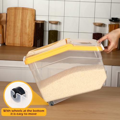 4 Pcs Rice Storage Container 28 lb Airtight Flour Container with Wheels Measuring Cup Clear Pet Dog Birds Cat Food Bin Grain Cereal Organizer Box for Dry Baking Supplies(Yellow Lid) - color: Yellow Lid, size: 28 lb