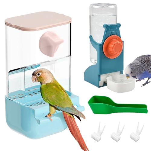 BNOSDM Automatic Bird Feeder Water Dispenser Set No Mess Bird Cage Feeders Parrot Cage Accessories Transparent Seed Food Container with Perch for Finches Parakeets Budgies Lovebirds Canaries (Blue) - color: Blue