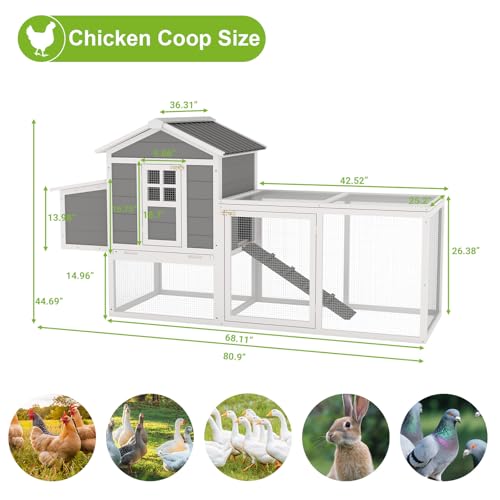 Yafylly Large Chicken Coop Outdoor, 82" Wood Hen House for 3-4 Chickens, Durable Duck House Poultry Pet Hutch with Run, Nesting Box, Ramp, Removable Tray, Waterproof Roof for Backyard Small Animal - color: Grey, size: 80.9"L x 36.3"W x 44.7"H