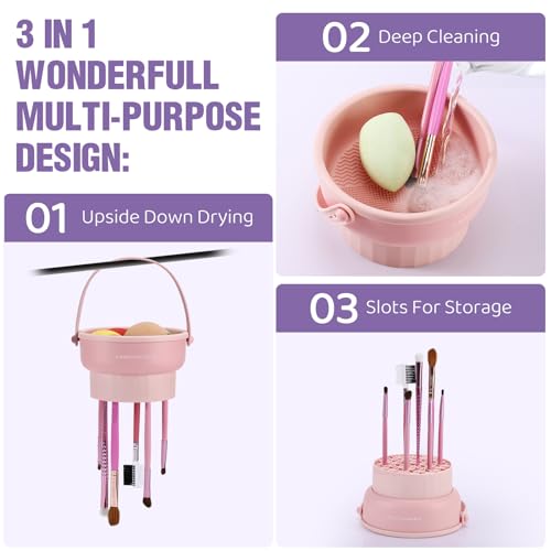 GOLIKEE 2 Pack Makeup Brush Cleaner Mat 3 in 1 Silicone Makeup Brush Cleaning Bowl Makeup Brush Sponge Scrubber Tool for Cleaning, Storage and Upside Down Drying, （Two Khaki） - color: Khaki