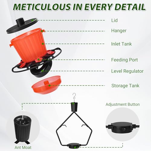 Retractable Hummingbird Feeder – 6 Feeding Ports, Leak-Proof, Ant & Bee Proof, Easy Top-Fill & Easy to Clean, Durable ASA Plastic, 18.5 oz Capacity, Adjustable Hanging System with 44" Extension(Black) - color: Black,1 Pack