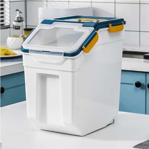 25LB Large Flour Storage Container Bin,4 Pack Airtight Plastic with Wheels Seal Locking Lid Dispenser Organizer Storage Bin with Measuring Cup & Scoop for Flour, Rice, Grain 100LBS Total - color: Blue/30lbs,4counts