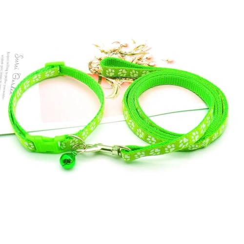 Puppy Dog Collar Leash Set with Bell, Cat Kitten Collar Bright Green XXS | Paw Print Reflective Dog Collar Leash Set with Bell, Basic Nylon Boy Girls Pet Collar Adjustable For XXS XS S Tiny Puppies - color: bright green
