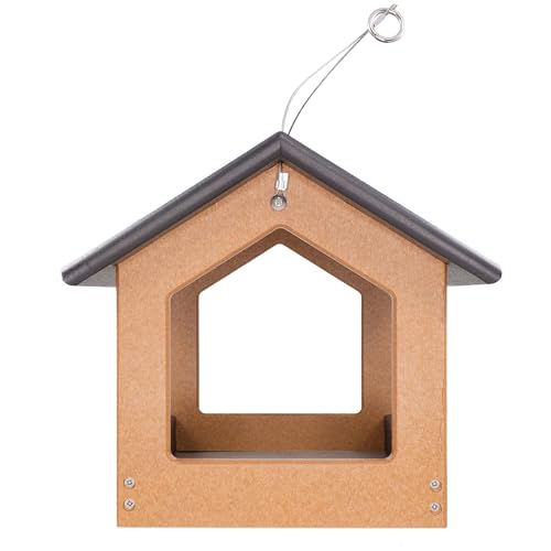 DutchCrafters Amish USA Made Recycled Plastic Large Hanging Modern Fly Through Covered Roof Open Platform Tray Bird Feeder for Outdoors, Garden, Yard (Black & Bright Cedar) - color: Black & Bright Cedar
