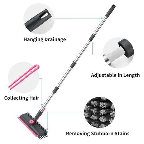 AIR U+ Floor Scrub Brush with Long Handle, 3-in-1 Rotating Head & Squeegee | Stiff Dual-Sided Bristles for Shower, Bathroom, Kitchen and Patio, 30–50 In Handle for Easier Stand-Up Cleaning, Gray & Pink - color: Gray and Pink, size: 1 PACK