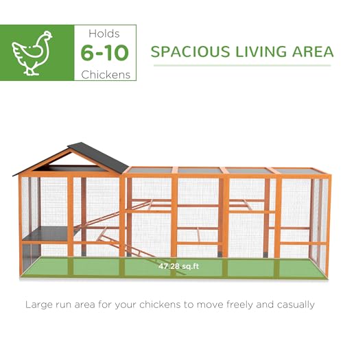 PawHut Wooden Chicken Coop Run for 6-10 Chickens 141.75" x 48" x 61" Orange | Hen House, Poultry Cage Add-On, Storage, Perches - color: Orange