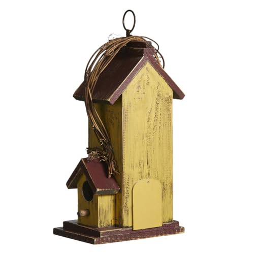 Glitzhome Birdhouses for Outdoors,Hummingbird Houses for Outside, 11.5"H Yellow Hand Painted Distressed Solid Wood Bird Nesting Box Decorative Birdhouse with Rattan Hanging Bird House for Patio Garden - color: 11.5"H