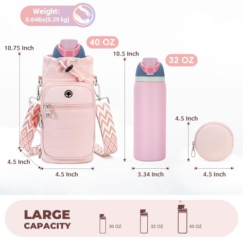 Water Bottle Carrier bag with Strap Phone Pocket for Walking, Hiking, Cycling - color: 5-Pink, size: 32oz-40oz